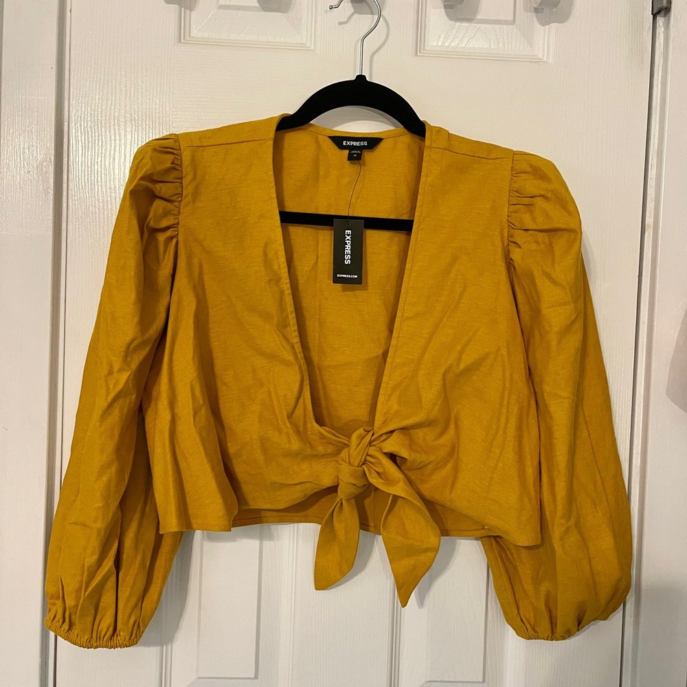 Express Mustard Yellow Puff Sleeve Tie Front Crop Top Medium NWT